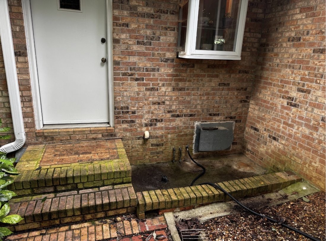 Brick entry steps covered in thick green moss at a home in the Summit Top neighborhood on Sweat Mountain, East Cobb, before cleaning
